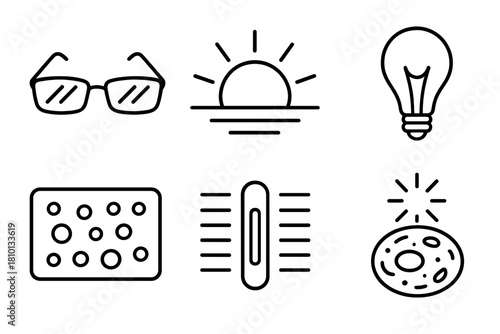 Light Exposure Icons. Line style icons of light exposure optimization: blue light filter glasses, morning light icon, red bulb for