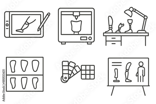 Prosthetic Design Icons. Line style icons of prosthetic design studios: drafting tablet with limb sketch, 3D printer with socket