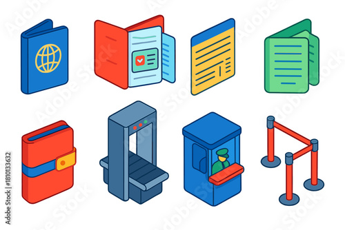 Travel Gear Essentials. Isometric vector illustration set Travel gear – passport cover, passport booklet, visa sticker; boarding