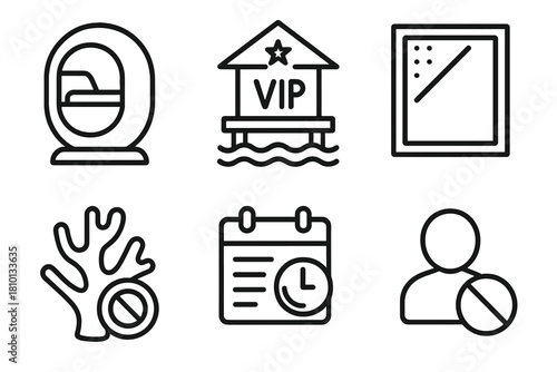 Exclusivity Line Icons. Line style icons of privacy and exclusivity: private bubble pod, VIP ocean wing, one-way mirror glass,