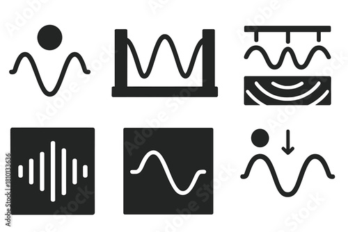 Quantum Wave Icons. Solid style icons of quantum waveform visuals: wave-particle duality icon, standing wave installation,