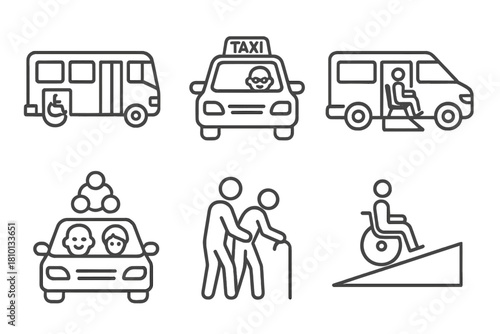 Elderly Transport Icons. Line style icons of elderly transportation support: accessible bus icon, senior taxi service, wheelchair