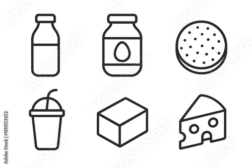 Lab-Grown Food Icons. Line style icons of lab-grown food products: fermented dairy bottle, egg-free mayo, precision meat patty,