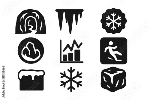 Icy Cave Icons. Solid style icons of icy cave excursions: frozen tunnel glyph, icicle icon, winter badge. Glacier ring, frost