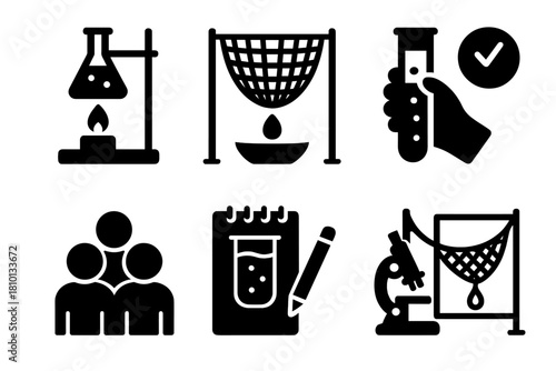 Innovative Research Icons. Solid style icons of research and innovation: lab with dew rig, fog collection prototype, water quality