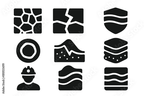 Geology Tour Icons. Solid style icons of geology-focused tours: mineral wall glyph, fault line icon, layer badge. Rock type ring,