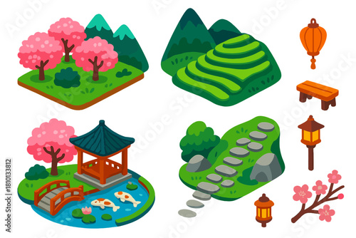 Serene Mountain Landscapes. Isometric vector illustration set Mountain landscapes – cherry blossom orchard, terraced hillside,