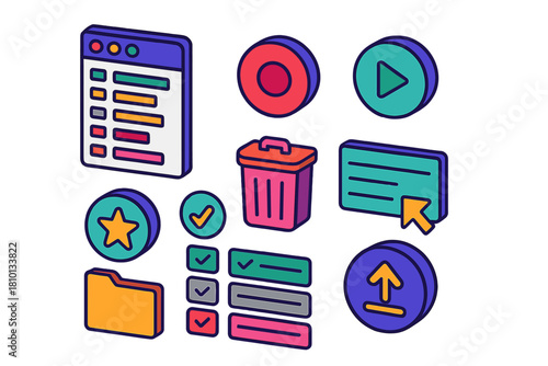 Photo Editing Icons. Isometric vector illustration set Photo editing tools – actions panel icon, record action button, play action