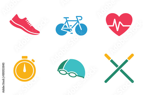 Outdoor training icons, red sneaker, road bike, heartbeat heart, stopwatch, swim cap goggles, crossed fitness sticks