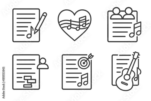 Songwriting Therapy Icons. Line style icons of songwriting for therapy: lyric creation icon, melody and emotion line, co-written
