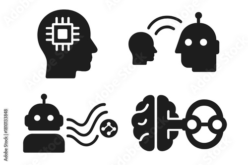 AI Brain Interface Icons. Solid style icons of brain-to-AI interfaces: human head with AI chip, thought-to-bot arc, artificial