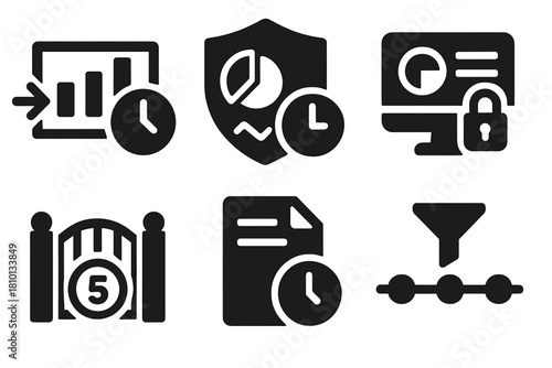 Time-Limited Data Icons. Solid style icons of time-windowed data access: sliding data frame icon, windowed analytics badge,