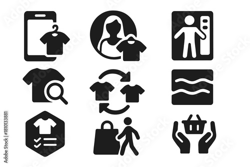 Fashion Simulation Icons. Solid style icons of fashion and retail simulations: virtual fitting room icon, clothing model badge,