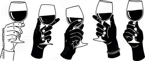 Hands holding wine glasses black and white vector illustration of diverse skin tones celebrating with drinks