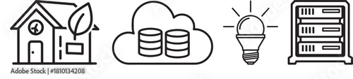Conceptual Line Icons: Eco-Home, Cloud Storage, Lightbulb, Server Rack