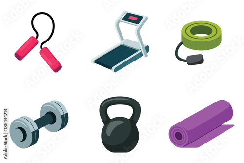 Home workout equipment icons, jump rope trainer, treadmill machine, resistance band, dumbbells pair, kettlebell weight, yoga mat vector