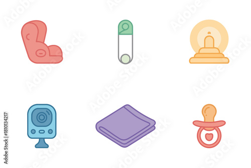 Newborn care icons, infant car seat, digital thermometer, baby monitor camera, soft towel cloth, pacifier, nursery essentials vector