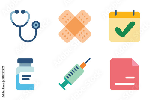 Healthcare checkup icons, stethoscope tool, adhesive bandage cross, checklist with tick, medicine bottle, syringe injection, hospital vector set