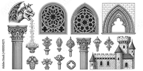 Intricate Gothic Architectural Elements Vector Set: Gargoyle, Rose Window, Arch, Column, Ornament, and Medieval Castle Details. Vintage Engraving Style Design