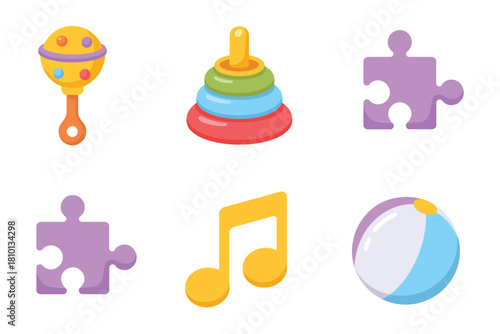 Baby playtime icons, colorful rattle, stacking ring tower, puzzle piece, music note, inflatable ball, toddler activity vector