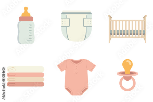 Infant care kit graphics, cot diaper pack bottle, pacifier ring, baby romper with towels, childcare supplies vector