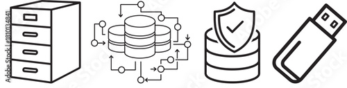 Simple Line Icons of Data Storage and Security on White Background