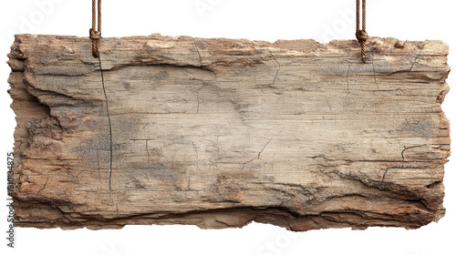 Blank vintage wooden sign board featuring weathered texture and cracks, hanging by ropes, providing rustic space for text or messages with a transparent background, png
