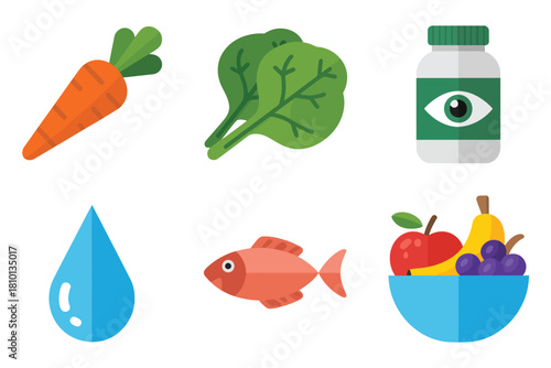 Nutrition for healthy eyes, carrot and spinach, supplement bottle, water droplet, fish protein, fruit bowl, wellness vector