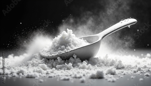 Scoop of creatine monohydrate emerging from a cloud of powder, sports nutrition