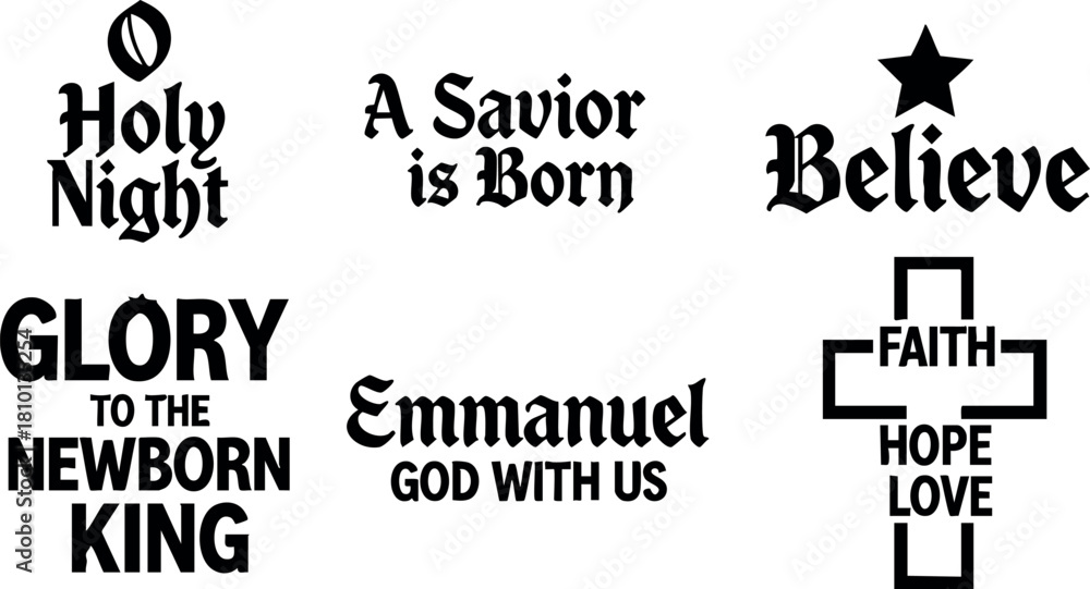 Obraz premium Religious christmas quotes holy night glory newborn king emmanuel faith hope love believe vector illustration