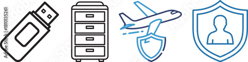 Set of Outline Icons: USB Drive, Filing Cabinet, Airplane Security, Person Shield