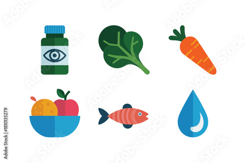 Vision wellness foods set, eye vitamin bottle, leafy greens, carrots, fresh fish, water intake, mixed fruits bowl vector
