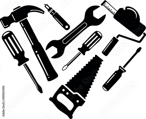 Black silhouette collection of construction and repair tools hammer saw screwdriver wrench vector illustration