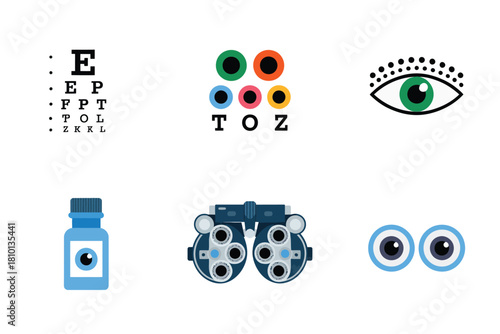 Eye exam toolset icons, snellen letters chart, color test targets, eyelid eye symbol, drop bottle, phoropter, eyeball pair