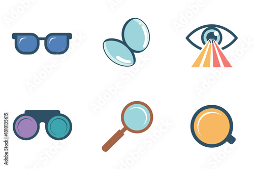 Eyewear and vision icons, blue sunglasses, soft contact lenses pair, radiant eye symbol, lens case, magnifier, golden disc