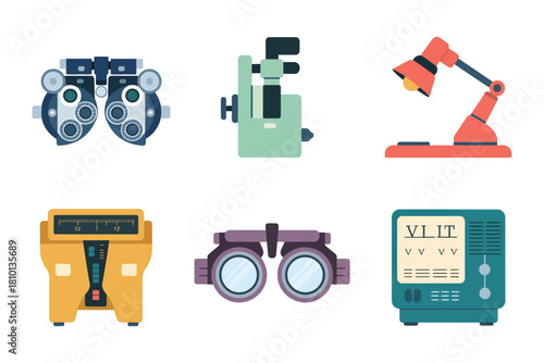 Optometry equipment collection, phoropter machine, laboratory microscope, adjustable desk lamp, autorefractor device, vintage goggles, examination card