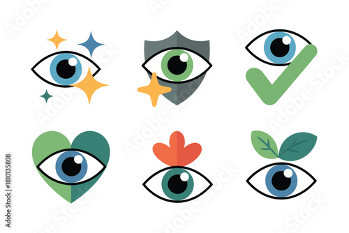 Eye care and security icons, open eyes set, shield check, star sparkle, leaf heart, vision wellness graphics