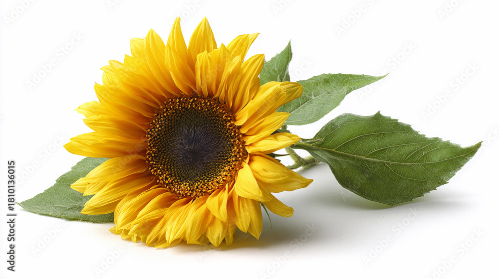 Fototapeta premium Bright sunflower with green leaves on a plain background