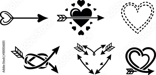 Heart and arrow love symbols collection vector illustration simple black design for romantic concepts