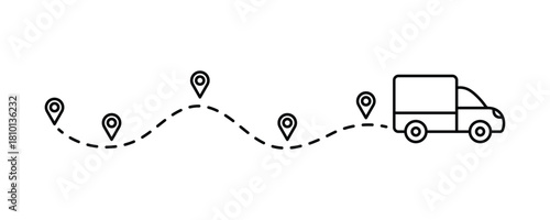 Fast Delivery truck icon. Delivery status Icon. The package is on the way. Parcel tracking. Truck fast delivery with location pin. Car silhouette driving on dotted path.