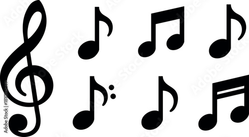 Music notes and treble clef simple black vector icons illustration for design and education purposes