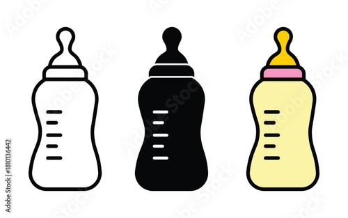 Baby feeding bottle Icon set in black filled and line icon. Milk Feeding Bottle icon for Newborns, Bottle for Babies and Toddler.