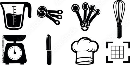Kitchen measuring cups scale knife chef hat whisk cooking utensils vector illustration