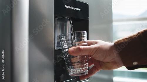 Water pouring from a cooler into a glass. Concept refreshment and hydration.