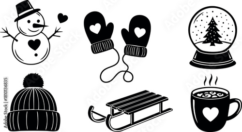 Winter holiday icons snowman mittens snow globe hat sled coffee cup illustration vector