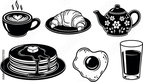 Breakfast food coffee cup croissant teapot pancakes fried egg juice glass black and white vector illustration