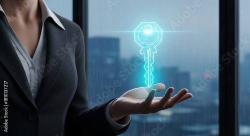 Businesswoman holds a glowing digital key symbolizing secure access and technological solutions in a modern urban setting