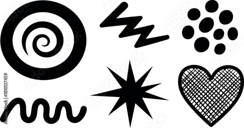 Set of six black abstract shapes including spiral star heart and dots vector illustration