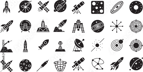 Space exploration icon set. Containing rocket launches, satellite dishes, astronomical telescopes, spiral galaxies, moon craters, solar system planets, space probes, cosmic science and more