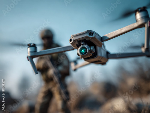 Airborne drone covers a soldiers advance at the frontline. Tactical drone with human.